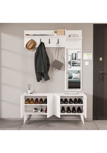 5065 Theo 4 Kapaklı 6 Raflı 4 Askılı Sağ Aynalı Portmanto Beyaz