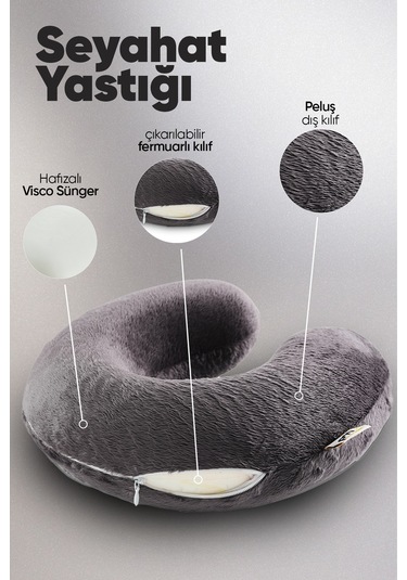 Ortopedik Seyahat Yastığı - Visco Seyahat Boyun Yastığı - Ortopedik Boyunluk Antrasit Beyaz