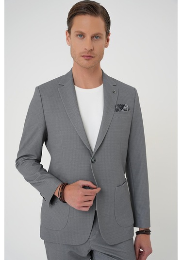 Comfort Fit Mono Yaka Çift Yırtmaç Torba Cep Kendinden Desenli Casual Siyah Ceket C 705 Siyah