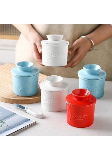 Seramik Kapaklı Tereyağı Güveç Fransız Tereyağı Tabağı Kaleci Sayacı Sürülebilir Yumuşak Tereyağı Kabı Saklama Kavanozu Su Hattı İle Kırmızı