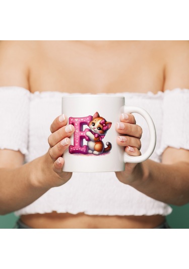 F Harfli Bardak, Sevimli Kedili Pembe Tasarım Bardak, Arkadaşa Aileye Hediye Porselen Beyaz