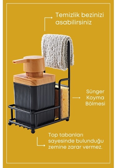 Novahub Metal Standlı Süngerli Ahşap Akrilik Bulaşık Deterja, Siyah Renkli Siyah