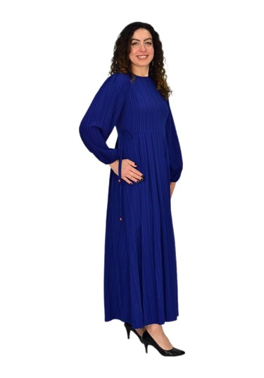 Kadın Lacivert Kol Lastikli Pileli Bağcıklı Elbise Bgl-st04643 Lacivert