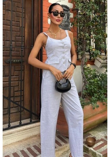 The İstanbul Kalın Askılı Bluz Pantolon Keten Takım 10187 Gri