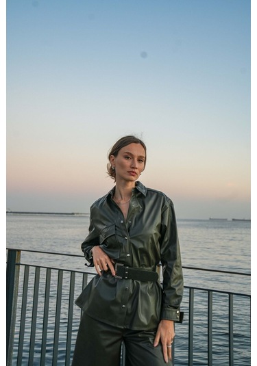 Kadın Suni Deri Gömlek Ceket Yeşil Frn6108 Yeşil