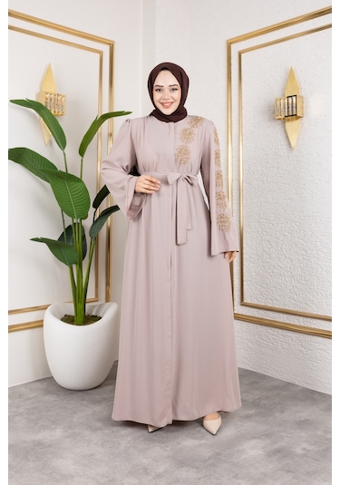 Nevayla Moda Sol Tarafı İnci Detaylı Ferace - Bej / F0140 Bej