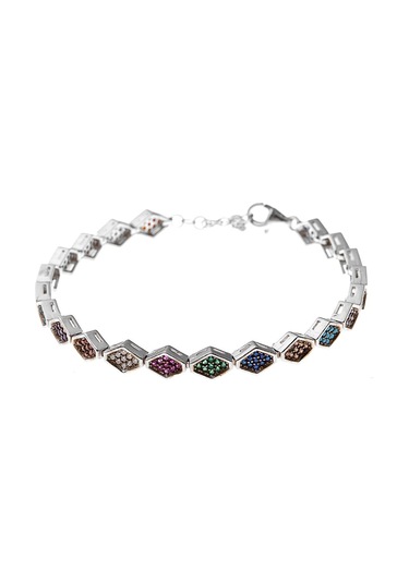 Altıgen Tasarım Multicolor Zirkon Taşlı Tam Tur 925 Ayar Gümüş Ka