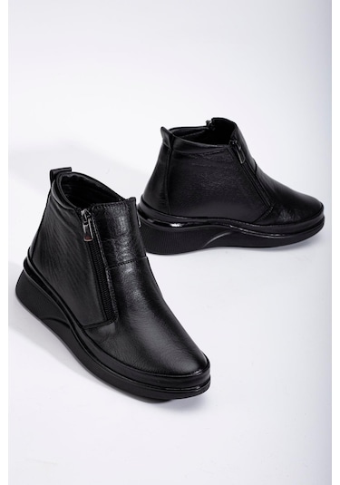 Hakiki Deri Ortopedik Kadın Bot Siyah 2 Fermuarlı Dolgu Tabanlı-3294 Siyah Hakiki Deri Ortopedik Kadın Bot Siyah 2 Fermuarlı Dolgu Tabanlı-3294 Siyah