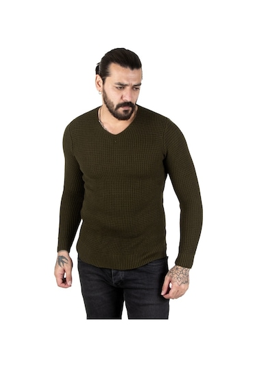 Deepsea Erkek Haki V Yaka Triko Kazak 2300341 Haki