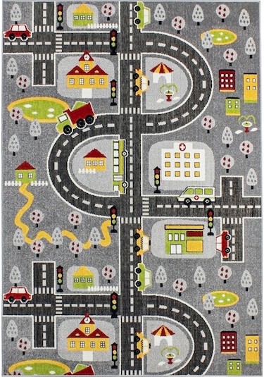 Konfor Halı 3 Boyutlu Gri Trafik Arabalı Ana Okulu Kreş Halısı Dokuma Çocuk Oyun Halısı