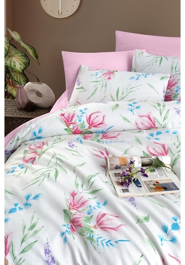 Mystory Home  Lastikli Çarşaflı Çift Kişilik Nevresim Takımı Tulip Pembe - Yeşil