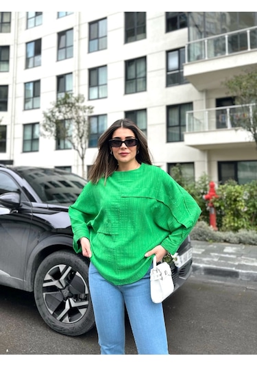 Kadın Yarasa Kol Aerobin Kumaş Bluz Yeşil