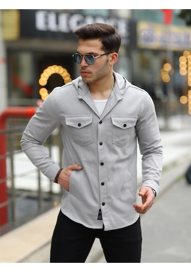 Gri Renk Kapüşonlu Kot Ceket Gri