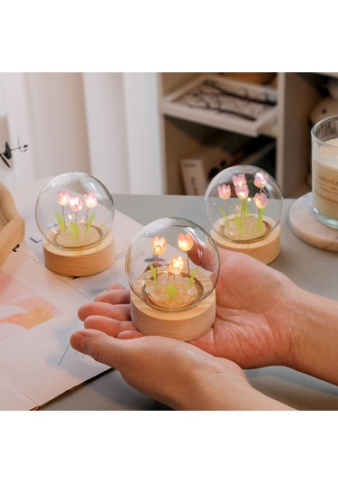 Shineyee Purple Tulip Mini Led Night Light - Dıy Wooden Glass Flower Shape, Soft Lighting, Bedroom Decoration, Creative Gift Set With Built-in Battery Mor