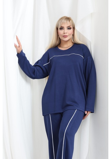 Biyeli Büyük Beden Oysho Tarzı Modal Kumaş Uzun Kollu Biyeli Rahat Günlük Takım Lacivert