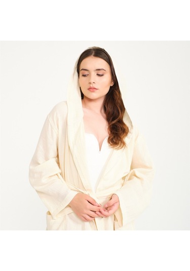 Unisex Kapüşonlu Uzun Müslin Bornoz-Bej