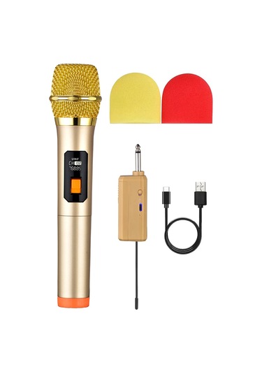 Kablosuz Çift Dinamik Mikrofon Sistemi Şarj Edilebilir Alıcı Altın 1 Mikrofon