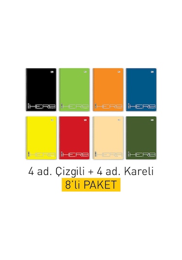 Okul Defteri 8'li PAKET A4 72 yp. Spiralli 4 Çizgili, 4 Kareli