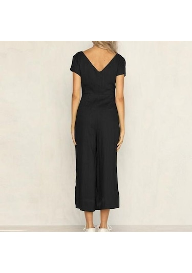 Barbora Keten Günlük Yazlık V Yaka Kısa Paça Tasarım Kadın Tulum Ln1010siyah5 001