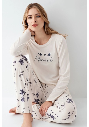 3411-s Kadın Uzun Kol Pijama Takım Krem