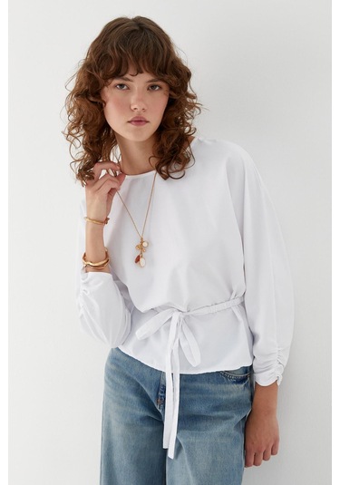 Büzgü Manşetli Kuşaklı Bluz Beyaz Beyaz