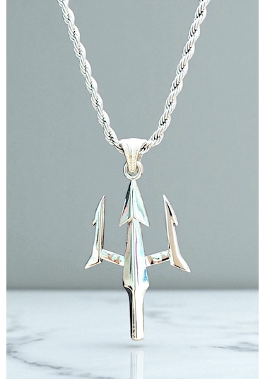 Ak Store Silver Gümüş Kaplama Krom-Çelik Erkek Kolye Madalyon Poseidon Mızrak Gümüş