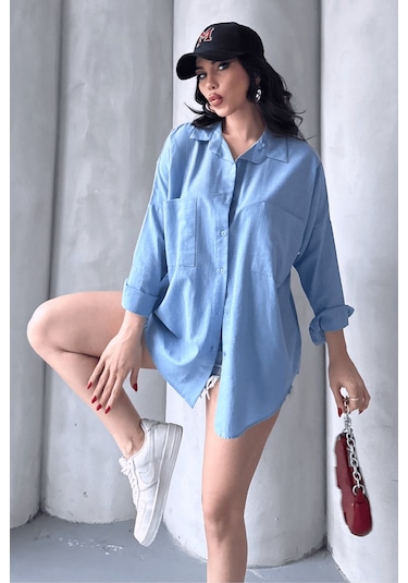 Paw Garage Kadın Harper Çift Cepli Oversize Keten Gömlek, 2025 Summer Collection Mavi