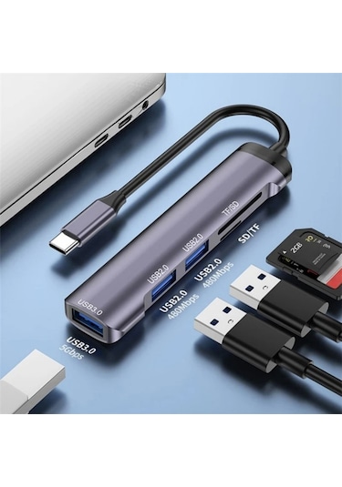 Sones T505 Dizüstü Bilgisayar Telefon Adaptörü Type-c - Usb2.0x2 + Usb3.0 + Tf / Sd Kart Yuvaları Usb Hub