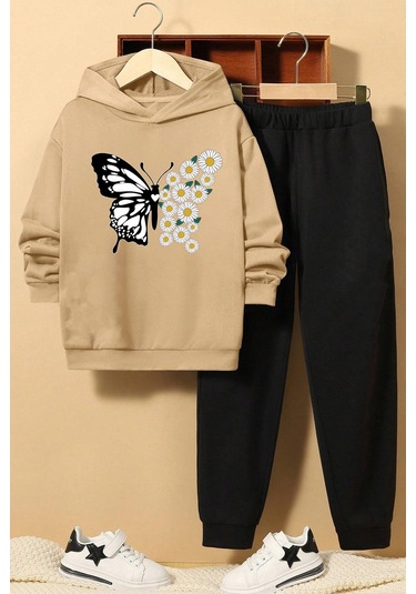Papatya Kelebek Baskılı Çocuk Rahat Eşofman Takımı Bej