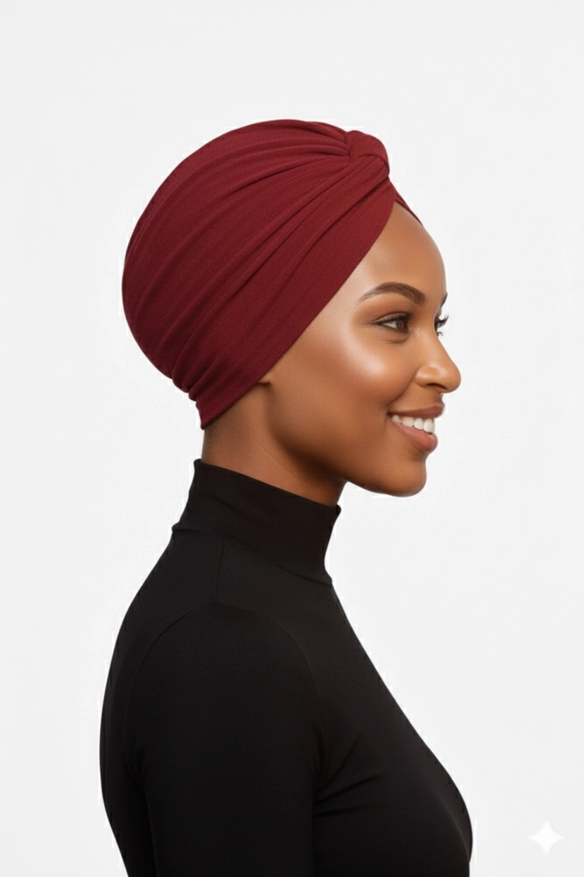 Pamuklu Bantlı Çapraz Astarlı Bordo Hazır Türban Tesettür Havuz Bonesi Bordo