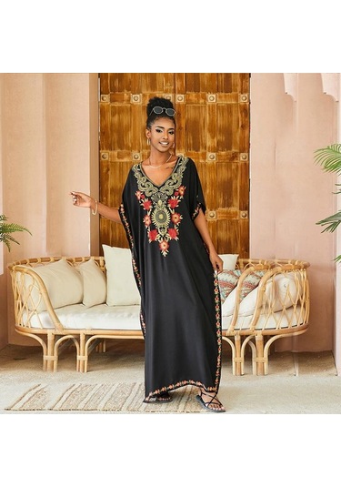 Edolynsa Siyah Vintage İşlemeli Uzun Kaftan Siyah