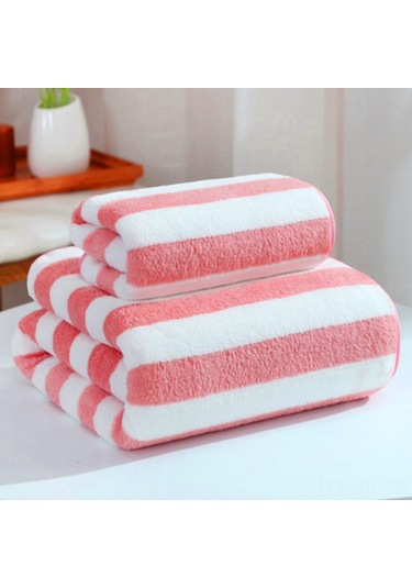 Vkemall Pembe Geniş Çizgili Mikrofiber Havlu Seti - Yumuşak, Suyu Hızlı Emici, Banyo/plaj İçin 35x75 Cm + 70x140 Cm 2 M