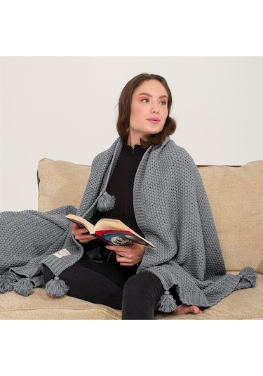 Coco Pirinç Örgü Ponponlu Triko Tv Battaniyesi Throw Koltuk Şalı (538861666)-130X170