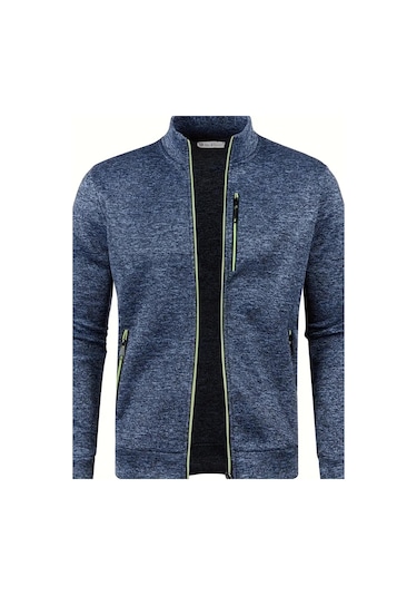 Ghassy Co. Erkek Kırçıllı Yüzey Hafif Rüzgar Geçirmez Tam Fermuarlı Polar Ceket İndigo