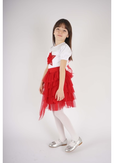 23 Nisan 29 Ekim Konsept Yıldız Detaylı Tül Detaylı Kat Kat Tütü Etekli Takım Kırmızı