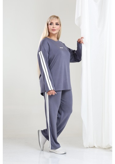 Kadın Büyük Beden Uzun Kollu Şerit Detaylı Oysho Tarzı Modal Kumaş Takım Gri