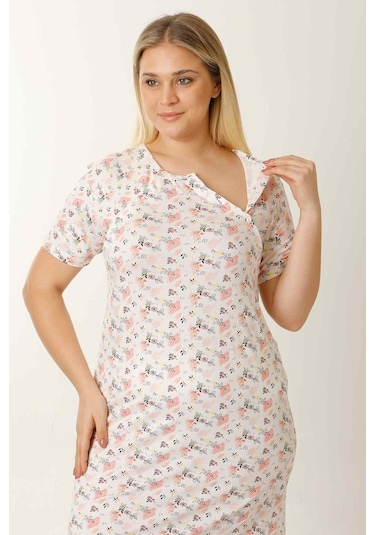 Parlingerie Hamile Emzirme Geceliği Kısa Kollu Çiçekli Ekru