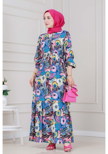 Beli Tünelli Çiçekli Viscon Elbise-mavi-5317 Mavi