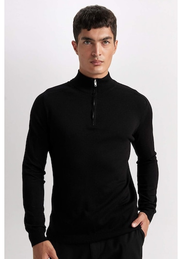 DeFacto Standart Fit Dik Yaka Yarım Fermuarlı Yumuşak Dokulu Premium Triko Kazak D0624AX24AUBK81