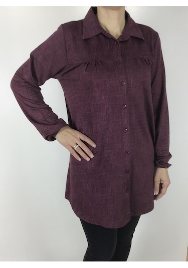 Mevsimlik Kolları Lastikli Boydan Düğmeli Gömlek Fuşya