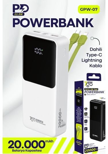 7go Gpw-07 20000mah Pd22.5w Hızlı Şarj Powerbank Beyaz Dahili Type-c & Lightning Kablo Dijital E BEYAZ