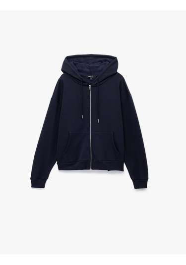 Koton Fermuarlı Kapüşonlu Kanguru Cepli Uzun Kollu Şardonlu Oversize Spor Sweatshirt Lacivert 6wak10151nk Lacivert