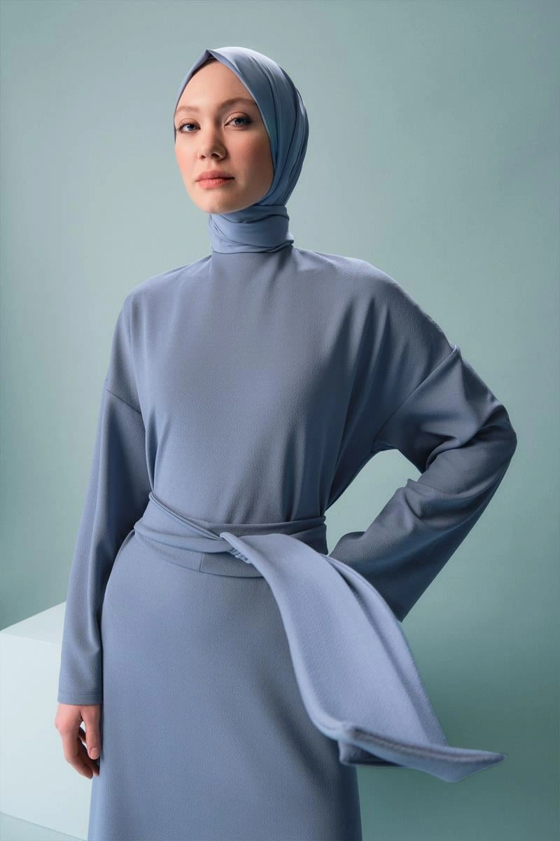 Armine Örme Beli Çift Bağlamalı Elbise Ort9727 İndigo Mavi