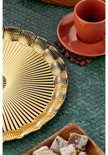 Cooker 25 Cm Yuvarlak Tepsi - Parlak Yüzeyli Sunum Tepsisi 25x25 Cm Altın