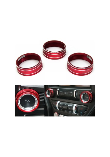 Fosenze Ford Mustang 2015-2021 İç Mekan Açıkçık Ses Far Düğme Döndürücü Halka Dekoratif Kapak Alüminyum 3'lü Set Kırmızı/mavi