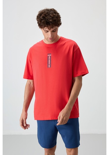 Tommy Life Fiesta %100 Pamuk Kalın Yumuşak Dokulu Oversize Fit Baskılı Erkek T-shirt - 88360 Kirmizi