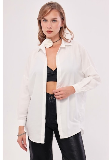 Armonika Kadın Ekru Oversize Uzun Basic Gömlek Arm-22y001118
