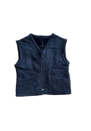 Patchwork İçi Kürk-dışı Süet Gerçek Deri Çocuk Yelek Lacivert