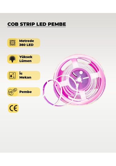 12v Cob Şerit Led Pembe Işık - Metrede 360 Led - 5 Metre 5 METRE