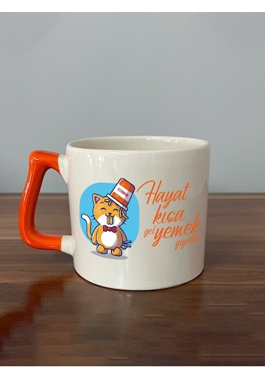 Hayat Kısa Gel Yemek Yiyelim Baskılı Turuncu Kulplu D Kupa